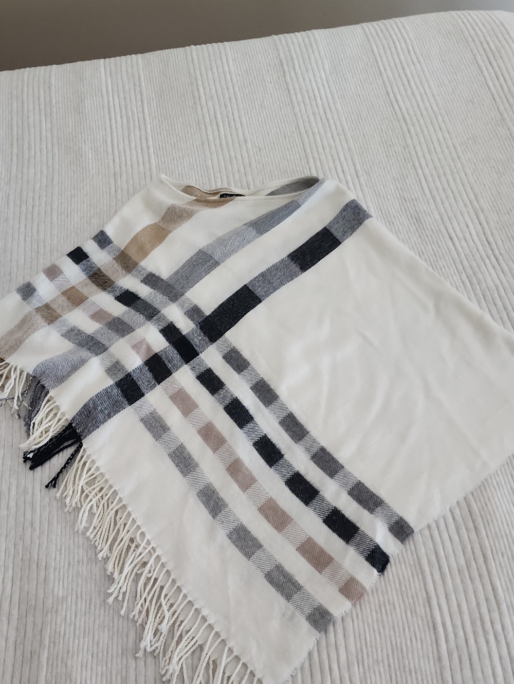 Fraas Cream Plaid Fringe Poncho with Neutral Stripes